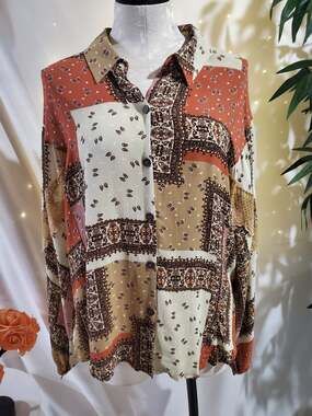 Mystree Patchwork Paisley Boho Button Long Sleeve Shirt Size L Hippie Country
